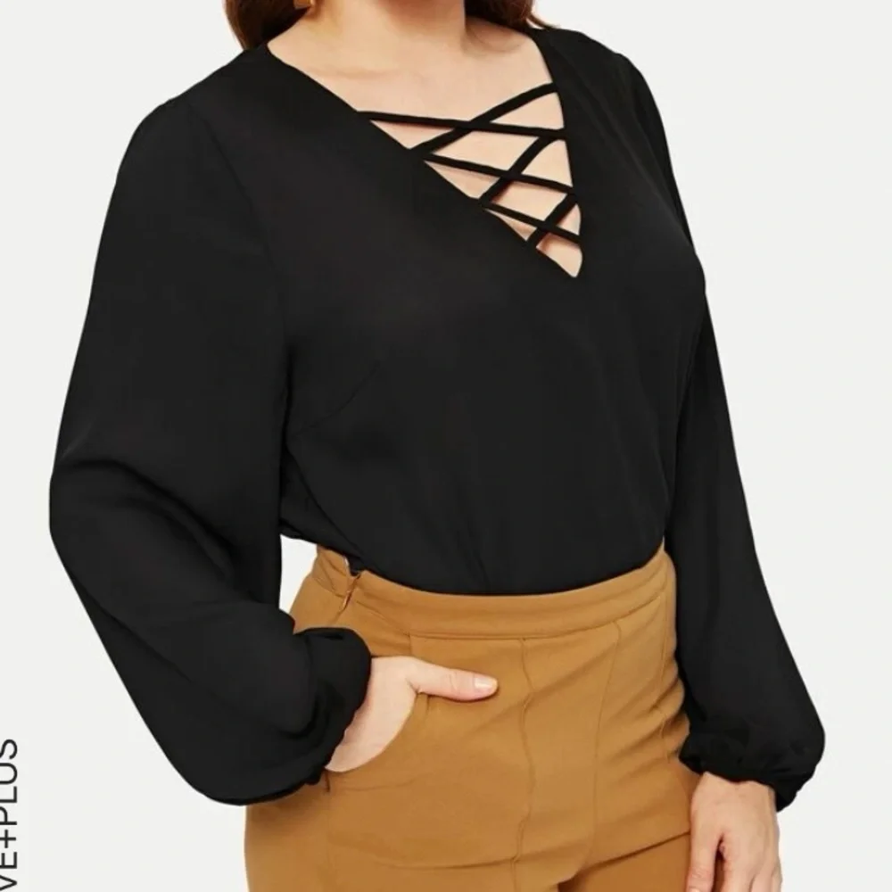 Plus - Long Sleeve Crisscross V Neck Blouse - 1X - Picture 2 of 7